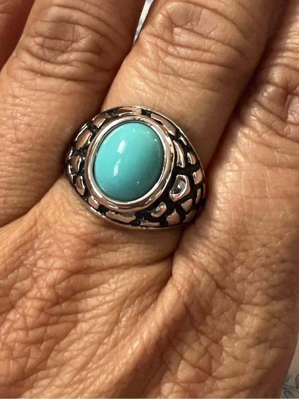 Unisex Ring Size 10.25 Turquoise Cabochon Silver Tone Ring #10254